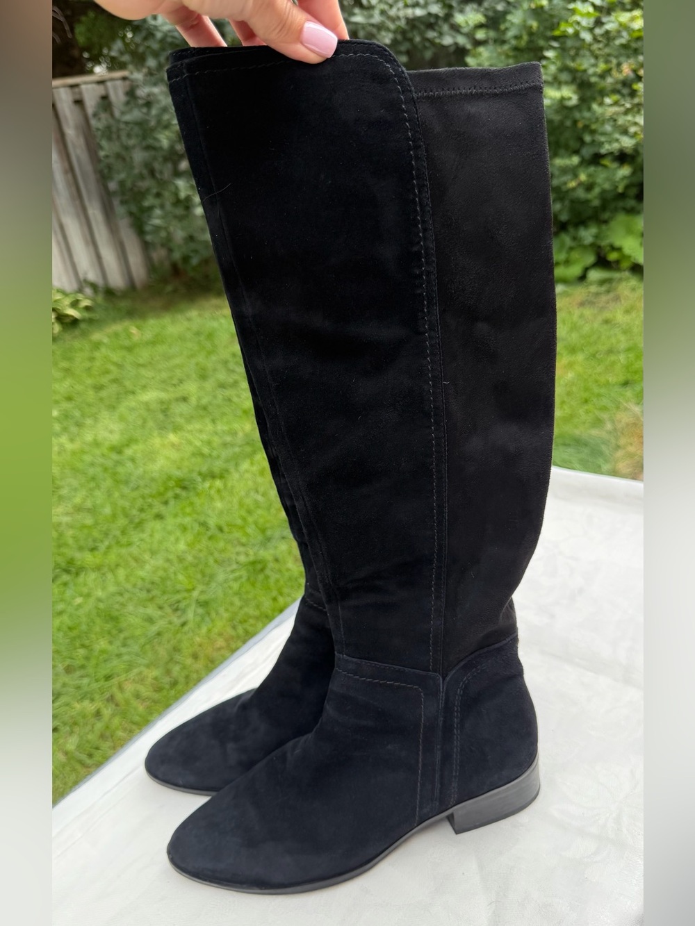 Aldo Black Faux Suede Knee High Boots Ankle Zip Low Block Heel 8.5 US 39